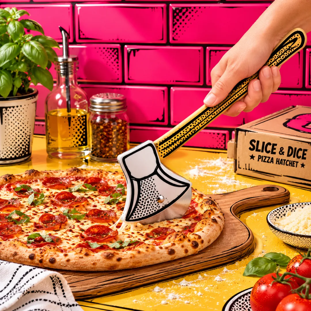 Pizza hatchet slicing a pepperoni pizza in a pop-art kitchen